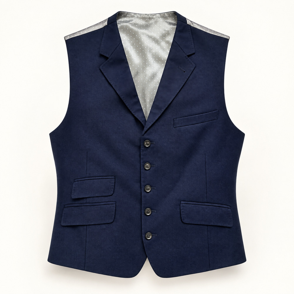 Ted Baker Navy 100% Wool Waistcoat Vest Polka Dot Back Made Hungary 44R